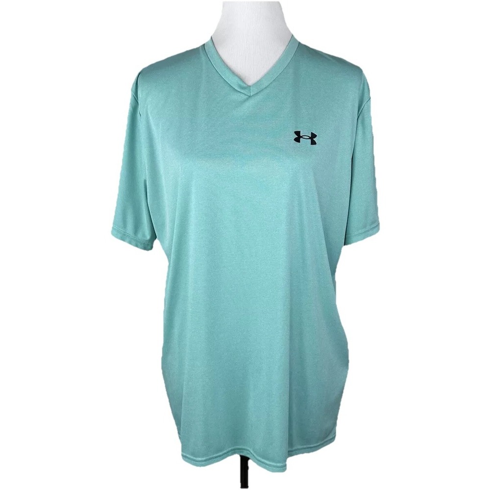 Under Armour Womens Large Green Loose Fit Short Sleeve V Neck Polyester Shirt - Picture 1 of 11